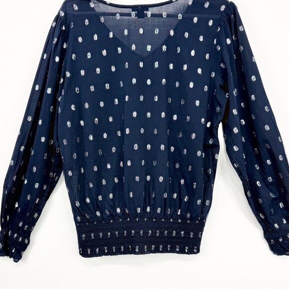 Ann Taylor Factory Navy Blue Silver Metallic Polka Dot Lightweight V Neck Blouse - Picture 7 of 15